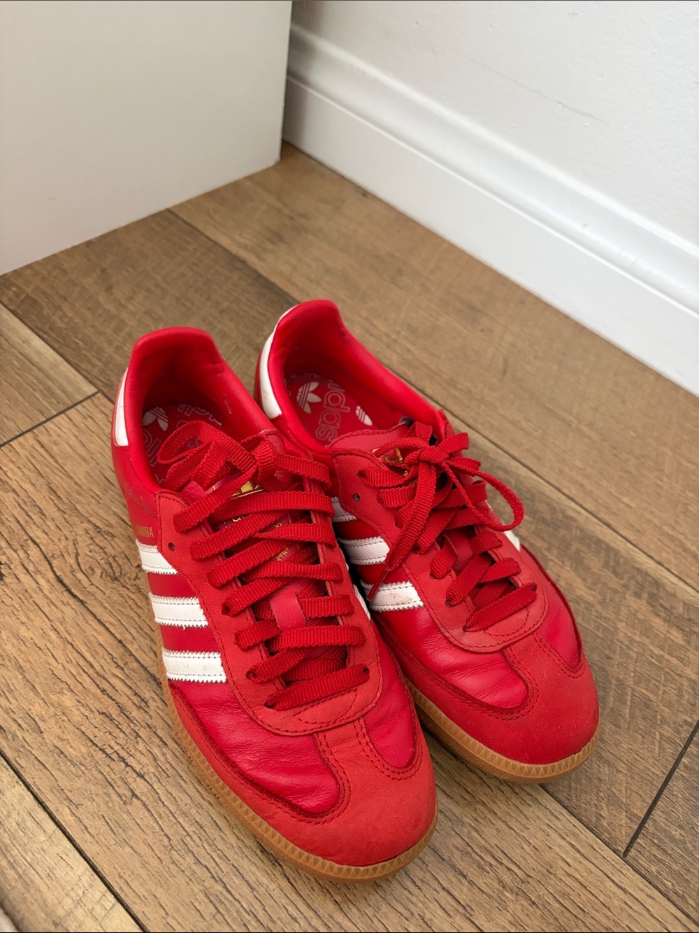 adidas Red Leather Sneakers with White Stripes